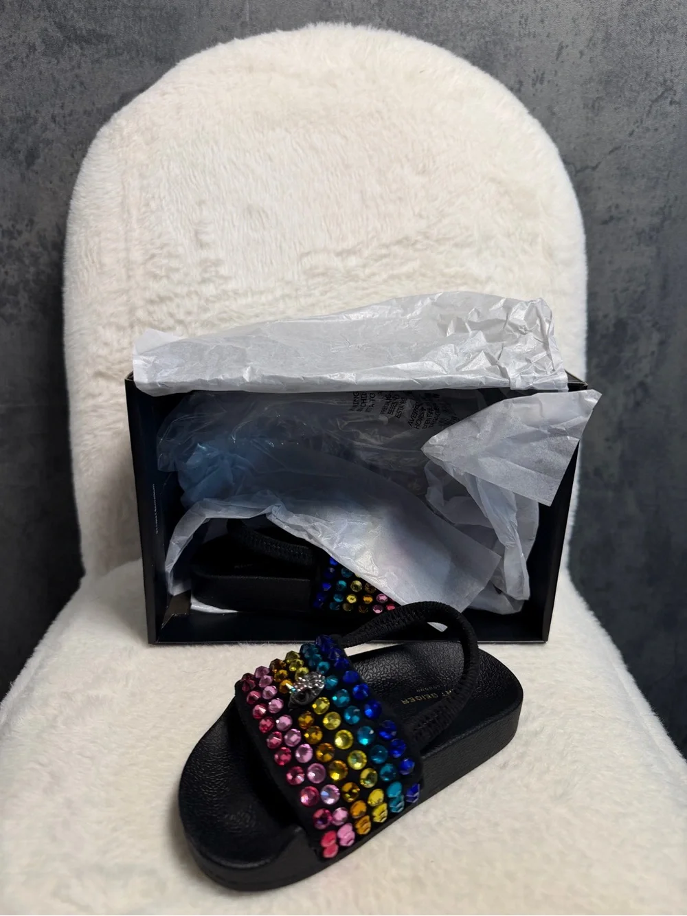 Black Slide Sandals with Multicolor Gem Accents - Women